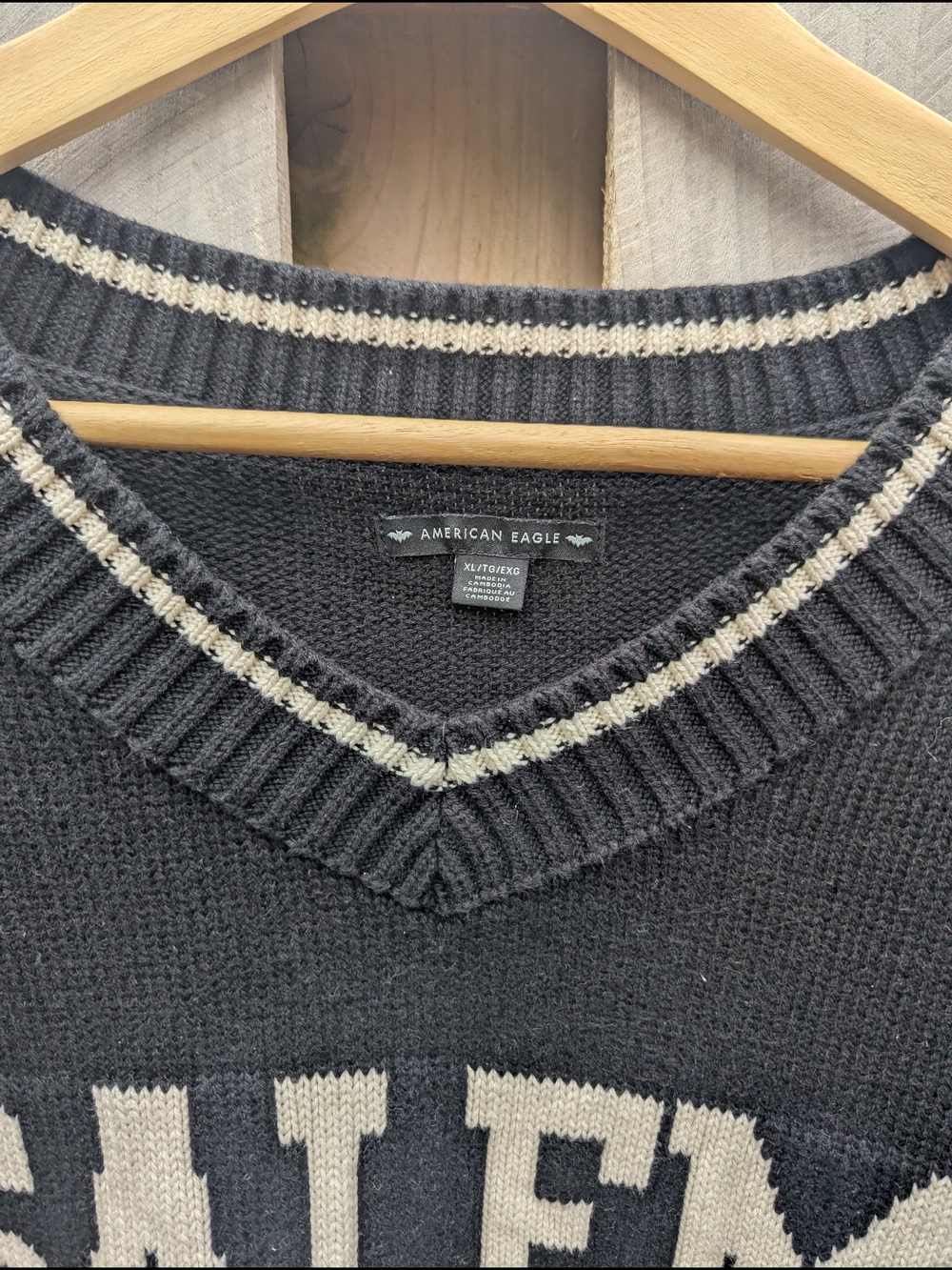 American Eagle Outfitters Black V-Neck Sweater with Cream 'SALEM' Lettering - Picture 2 of 4